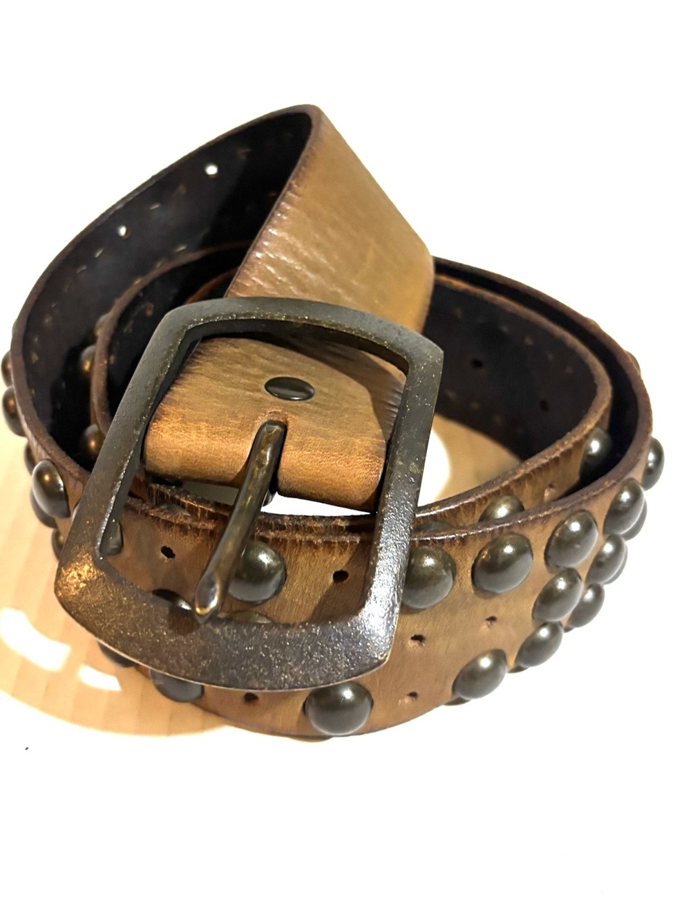 Vintage unisex Brown distressed Leather Studded Belt with Dark Metal Buckle